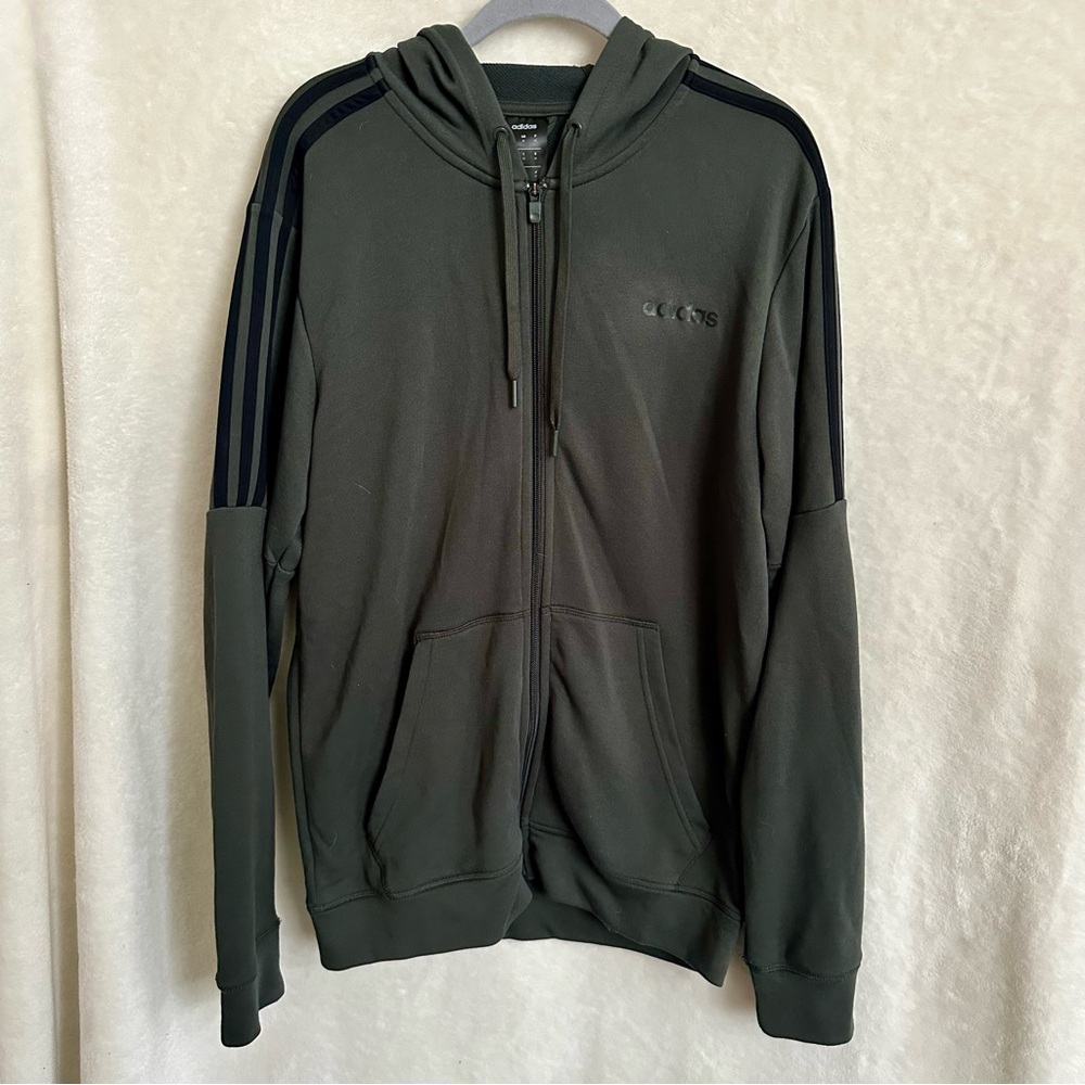 Adidas Essentials Olive Green 3 Stripes Full Zip Fleece Hoodie Mens Size Md